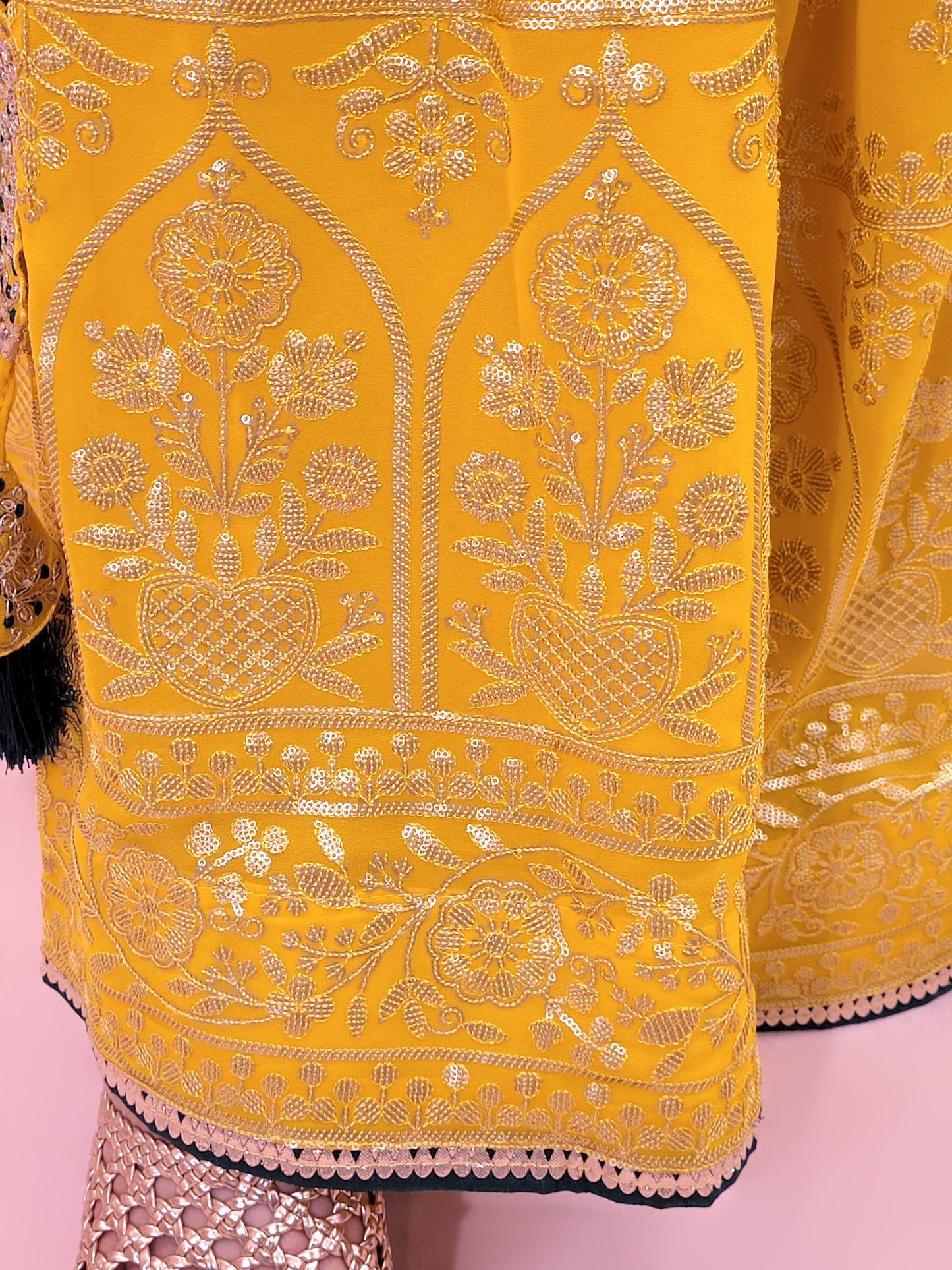 Yellow sharara suit with zari and resham neckline. Bichitra Silk Kameez. Georgette Shrug with Zari and Resham work border. Georgette Sharara wit Schiffli Work.