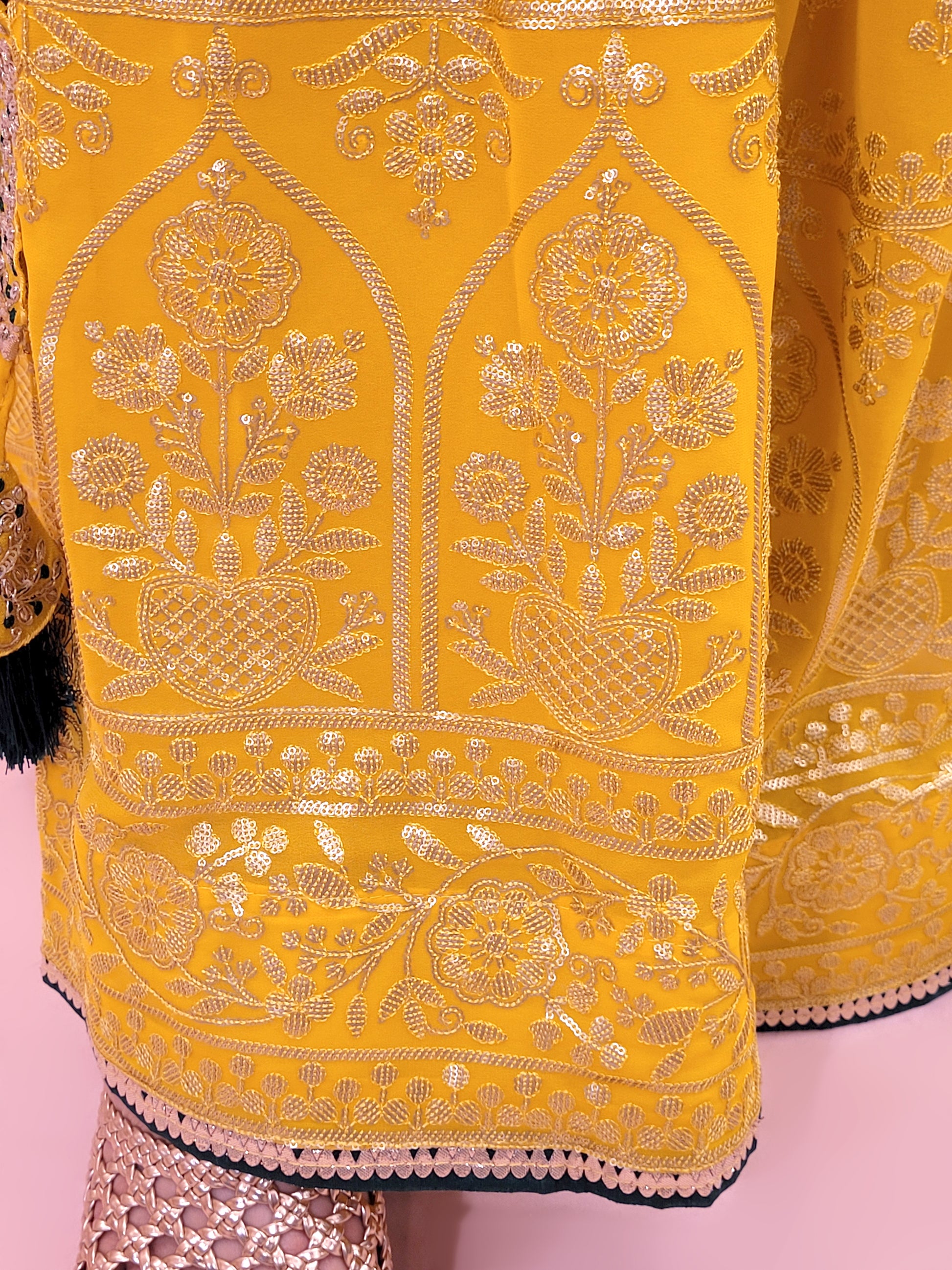 Yellow sharara suit with zari and resham neckline. Bichitra Silk Kameez. Georgette Shrug with Zari and Resham work border. Georgette Sharara wit Schiffli Work.