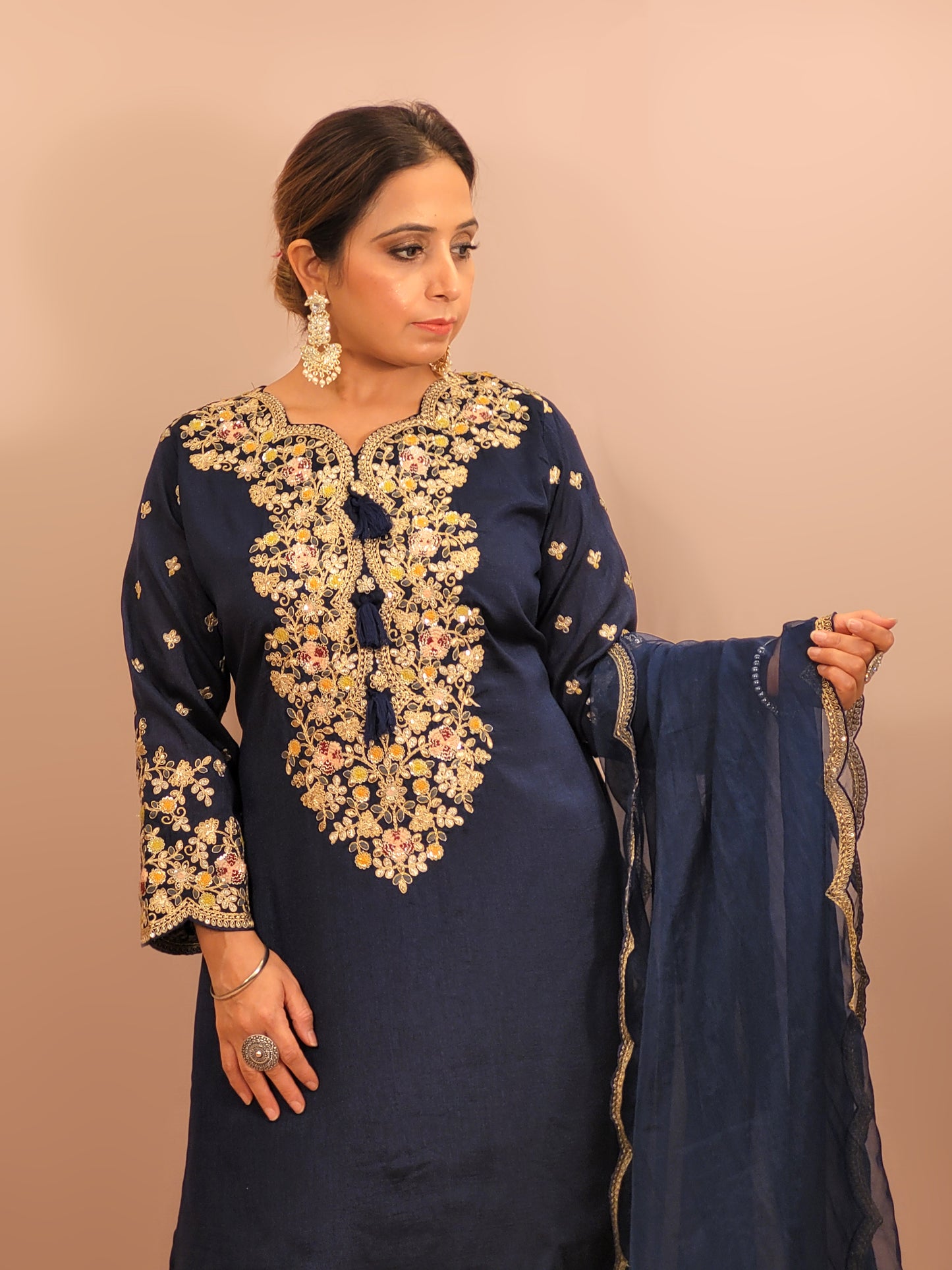 Navy Blue sharara suit with zari, sequins and resham neckline. Bichitra Silk Kameez. Organza Dupatta with Scalloping Border. Georgette Sharara Work.