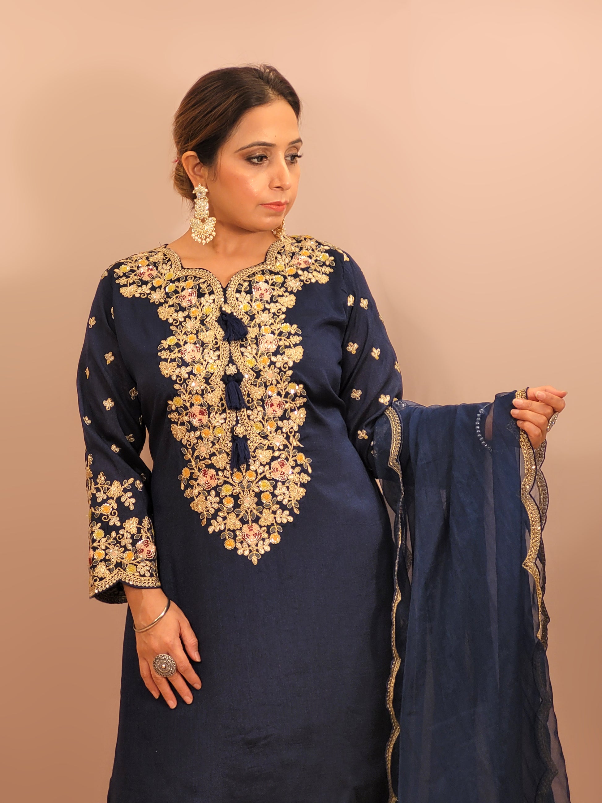 Navy Blue sharara suit with zari, sequins and resham neckline. Bichitra Silk Kameez. Organza Dupatta with Scalloping Border. Georgette Sharara Work.