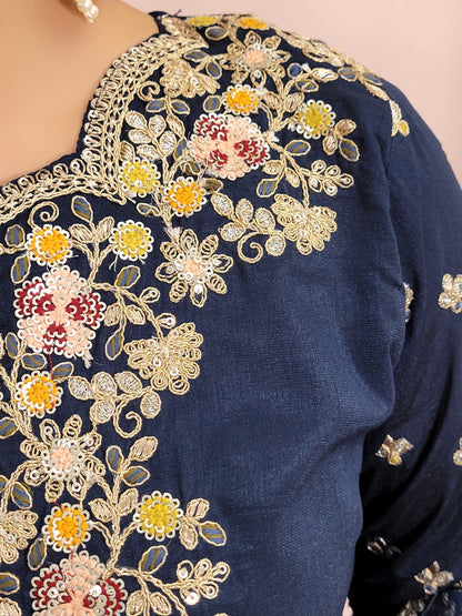 Navy Blue sharara suit with zari, sequins and resham neckline. Bichitra Silk Kameez. Organza Dupatta with Scalloping Border. Georgette Sharara Work.