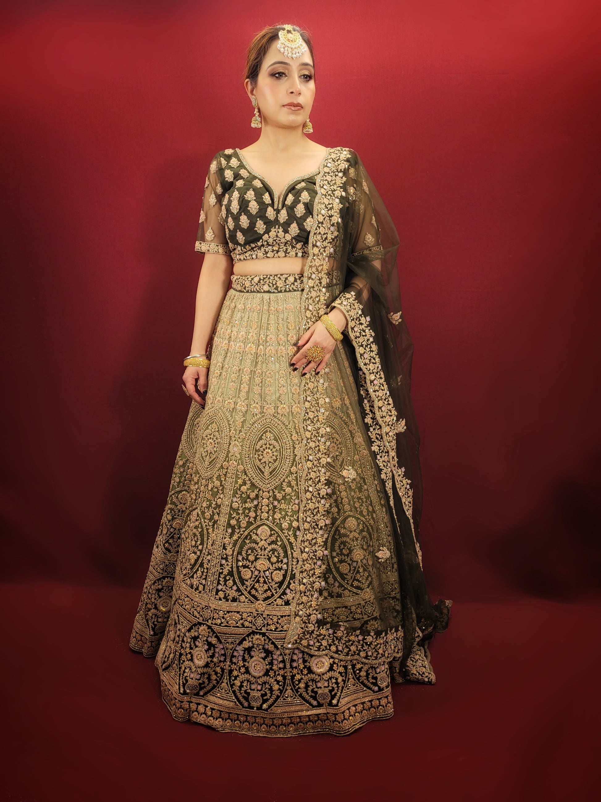 Discover the elegance of tradition with our Mehendi Green ombre Lehenga Choli, adorned with sparkling sequins, intricate dori and zari work, perfect for weddings, engagements, receptions, and mehendi occasions.