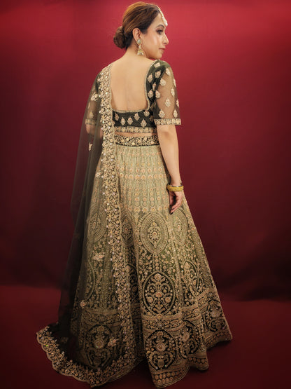 Discover the elegance of tradition with our Mehendi Green ombre Lehenga Choli, adorned with sparkling sequins, intricate dori and zari work, perfect for weddings, engagements, receptions, and mehendi occasions.