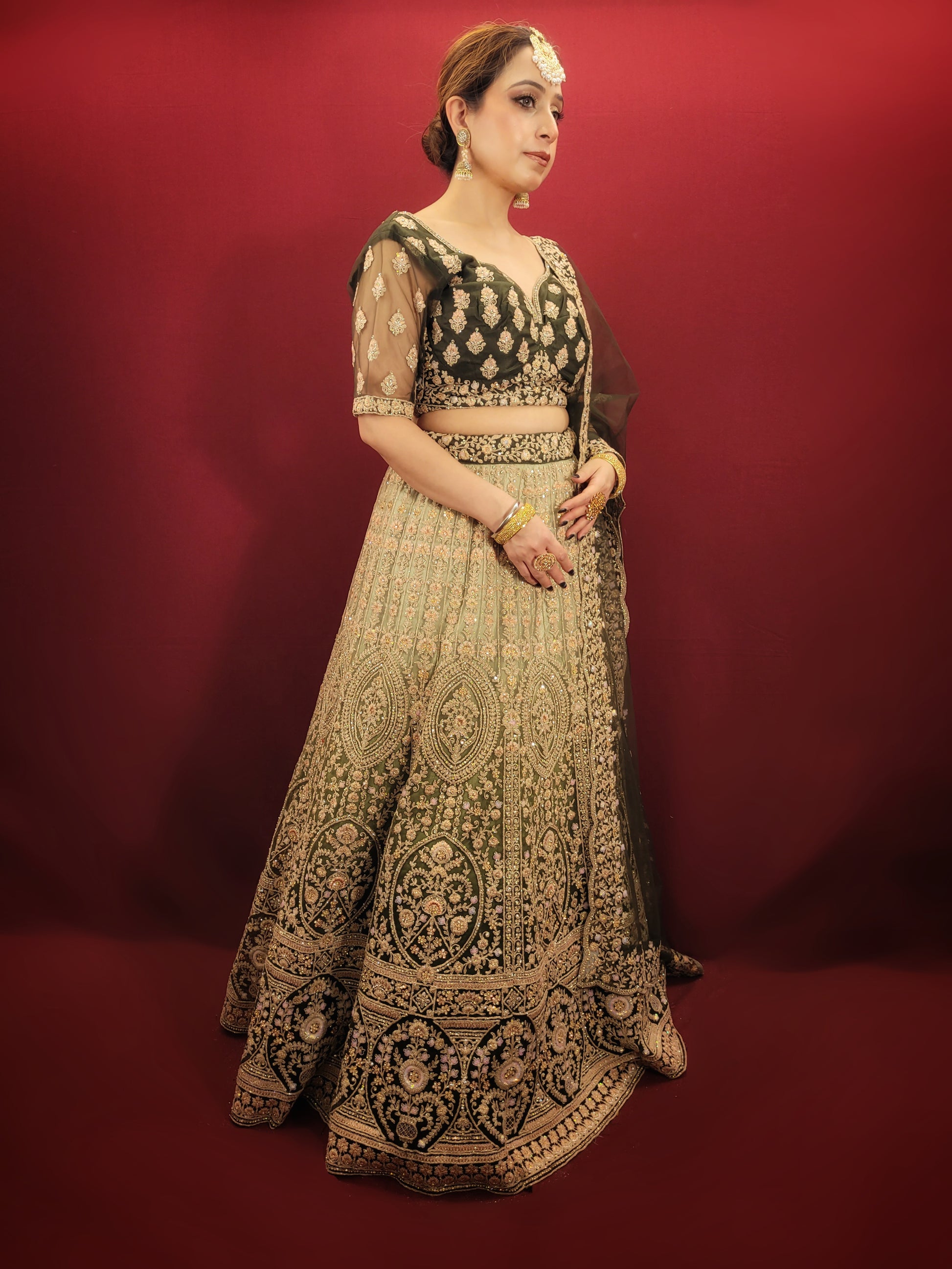 Discover the elegance of tradition with our Mehendi Green ombre Lehenga Choli, adorned with sparkling sequins, intricate dori and zari work, perfect for weddings, engagements, receptions, and mehendi occasions.