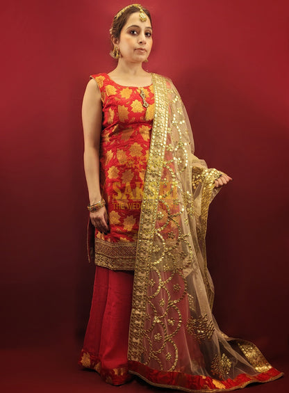 Red Banarsi Party Wear Gharara Kameez Suit Set