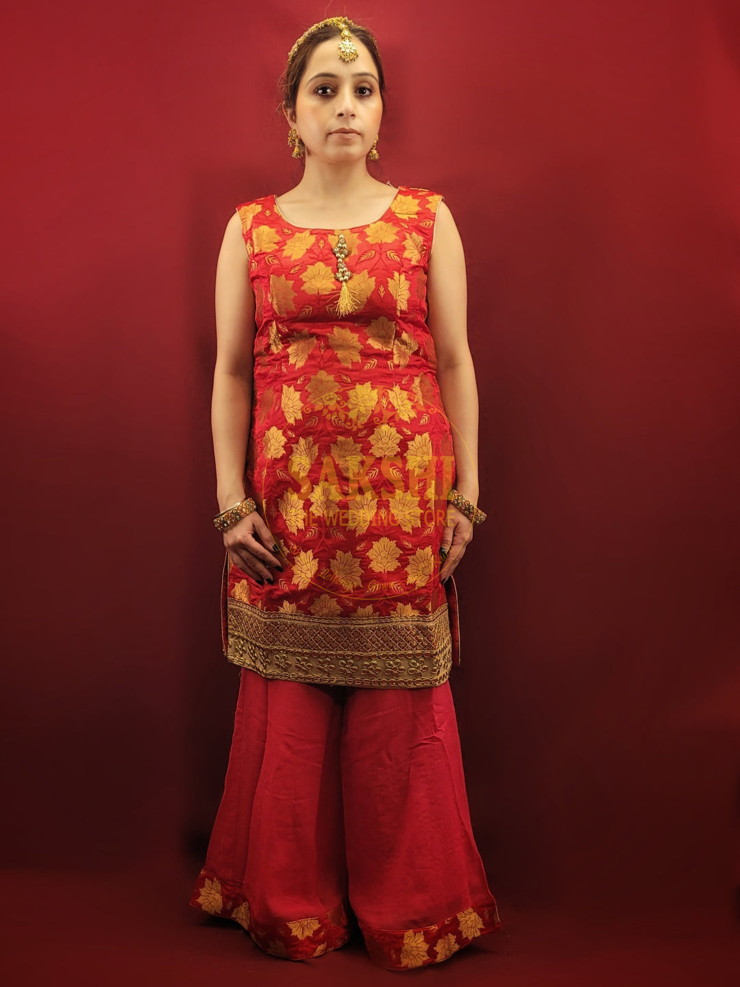 Red Banarsi Party Wear Gharara Kameez Suit Set