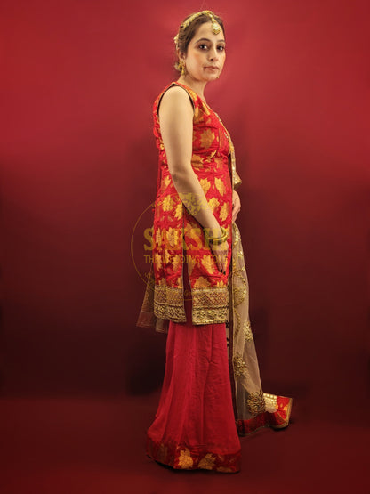 Red Banarsi Party Wear Gharara Kameez Suit Set