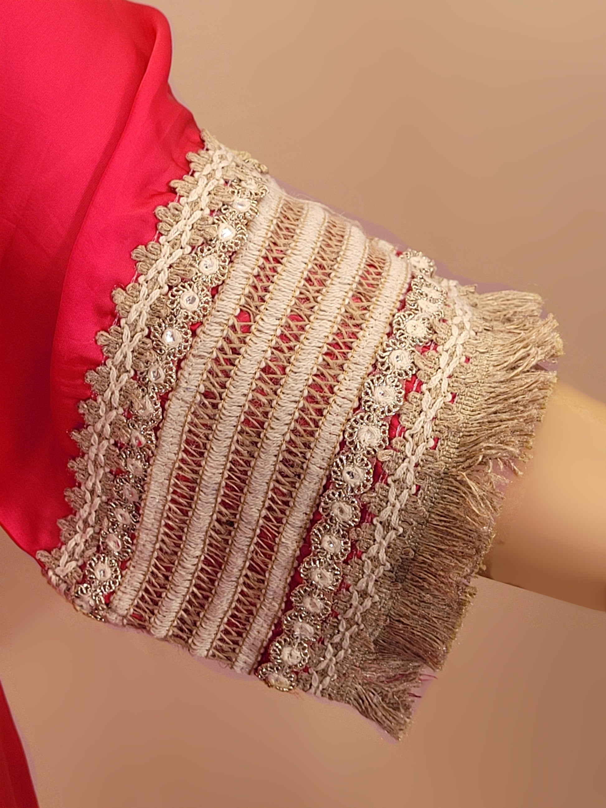Rani Pink Satin Indowestern Dress with beautiful laced neck, sleeves and pants.