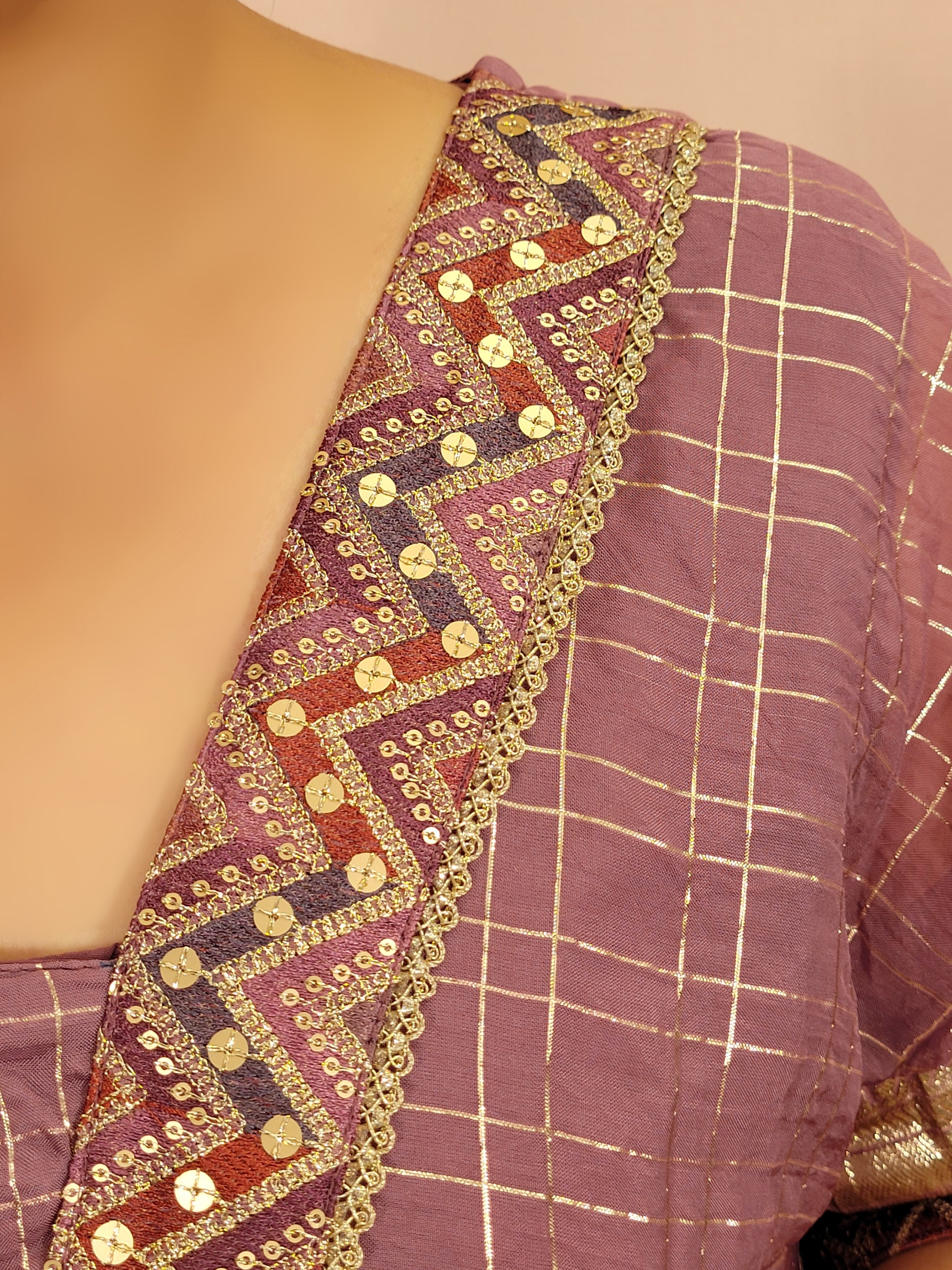 Lavender Organza Banarasi Co-ord Set. Multicolor Resham Lace on Neck and border.