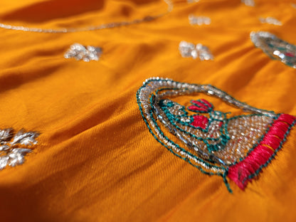 This beautiful mustard yellow silk saree with a beautiful maroon pallu that makes it stand out from the crowd. The saree features intricate cutdana, zari, and thread work that gives it a touch of elegance and class. This saree is perfect for any party, wedding, or even as a bridal wear.
