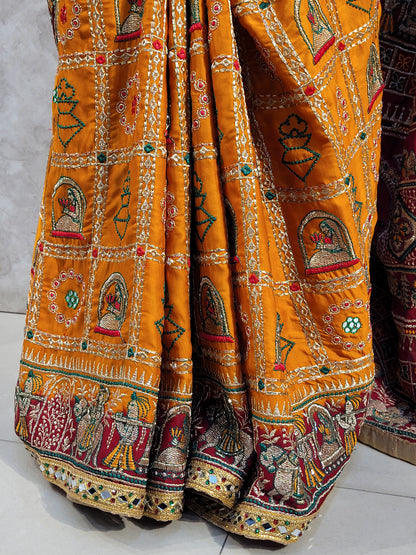 This beautiful mustard yellow silk saree with a beautiful maroon pallu that makes it stand out from the crowd. The saree features intricate cutdana, zari, and thread work that gives it a touch of elegance and class. This saree is perfect for any party, wedding, or even as a bridal wear.