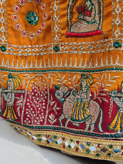 This beautiful mustard yellow silk saree with a beautiful maroon pallu that makes it stand out from the crowd. The saree features intricate cutdana, zari, and thread work that gives it a touch of elegance and class. This saree is perfect for any party, wedding, or even as a bridal wear.