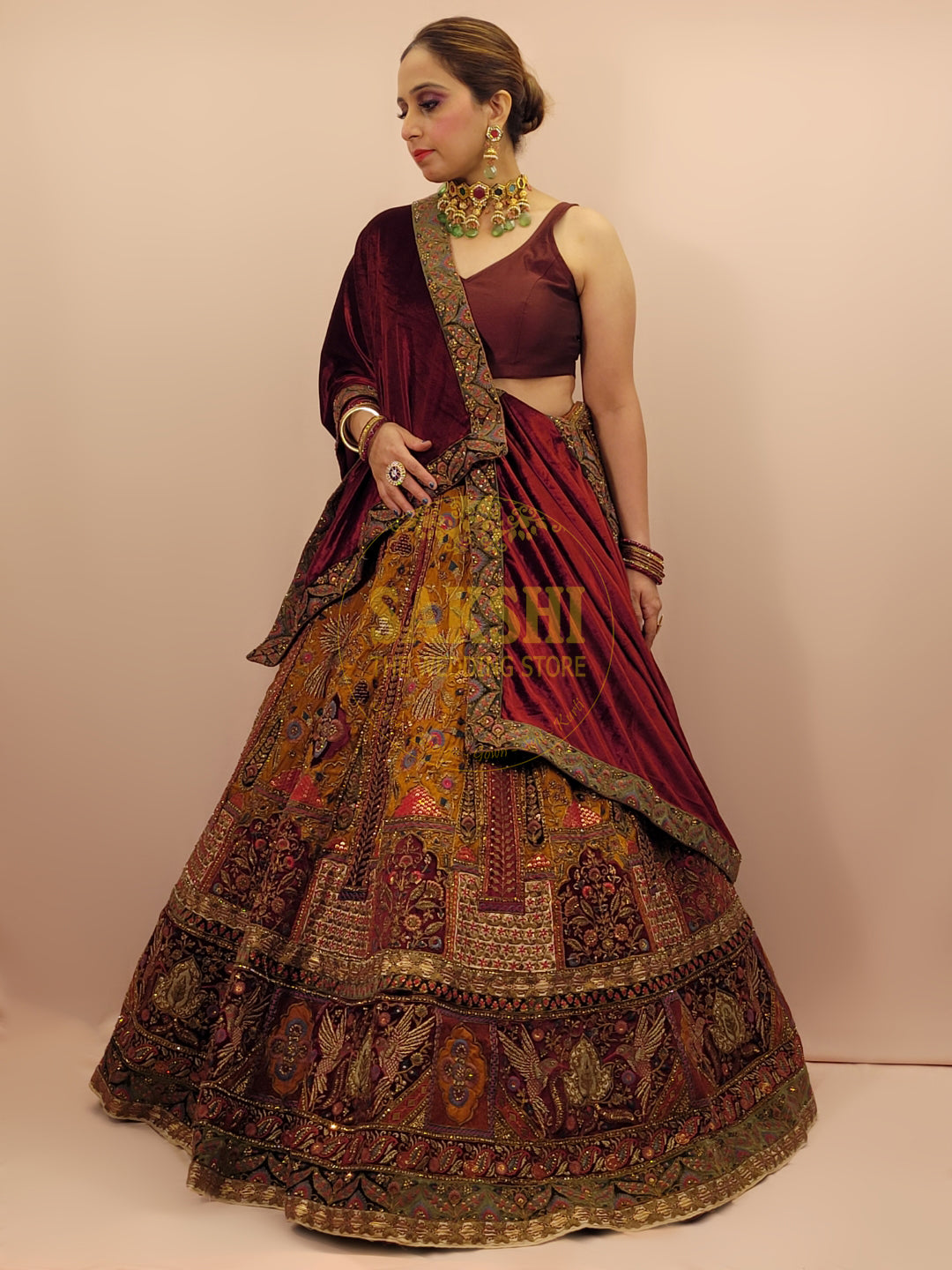 Maroon and Mustard Multicolored Bridal Lehenga Set
