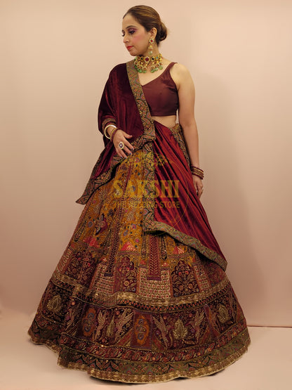 Maroon and Mustard Multicolored Bridal Lehenga Set