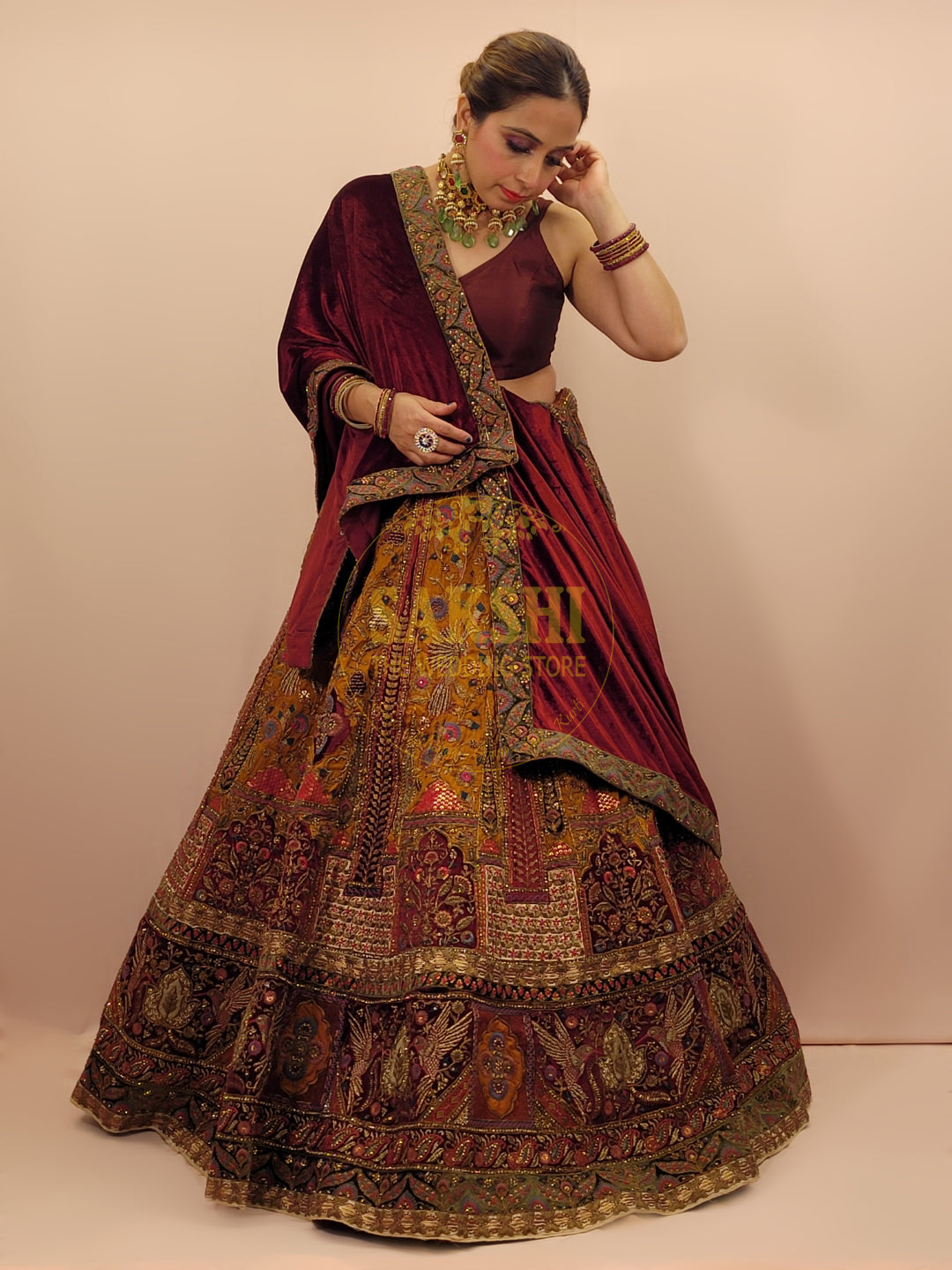 Maroon and Mustard Multicolored Bridal Lehenga Set