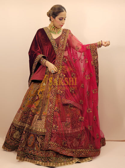 Maroon and Mustard Multicolored Bridal Lehenga Set