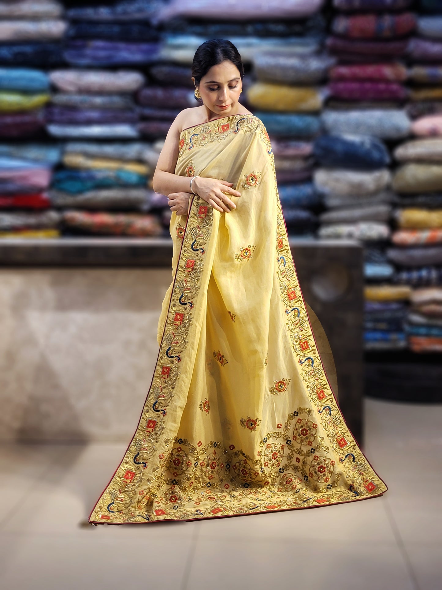Light Golden Tissue Saree with beautiful embroidery