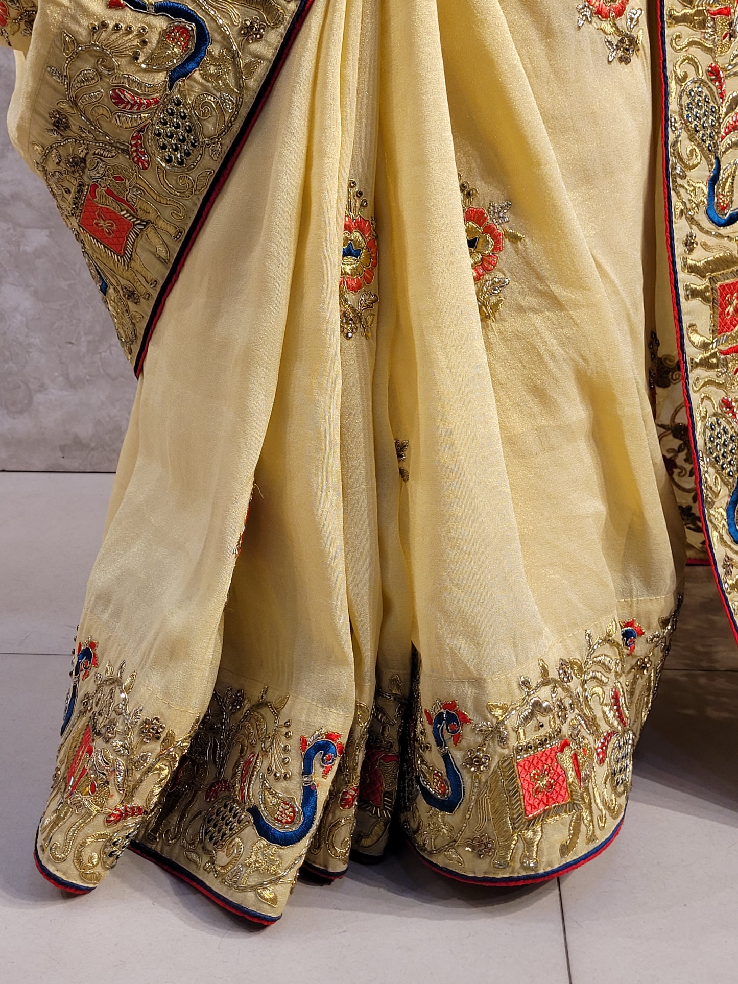 Light Golden Tissue Saree with beautiful embroidery