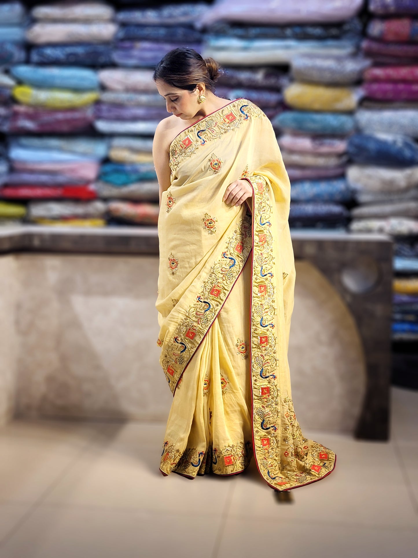 Light Golden Tissue Saree with beautiful embroidery