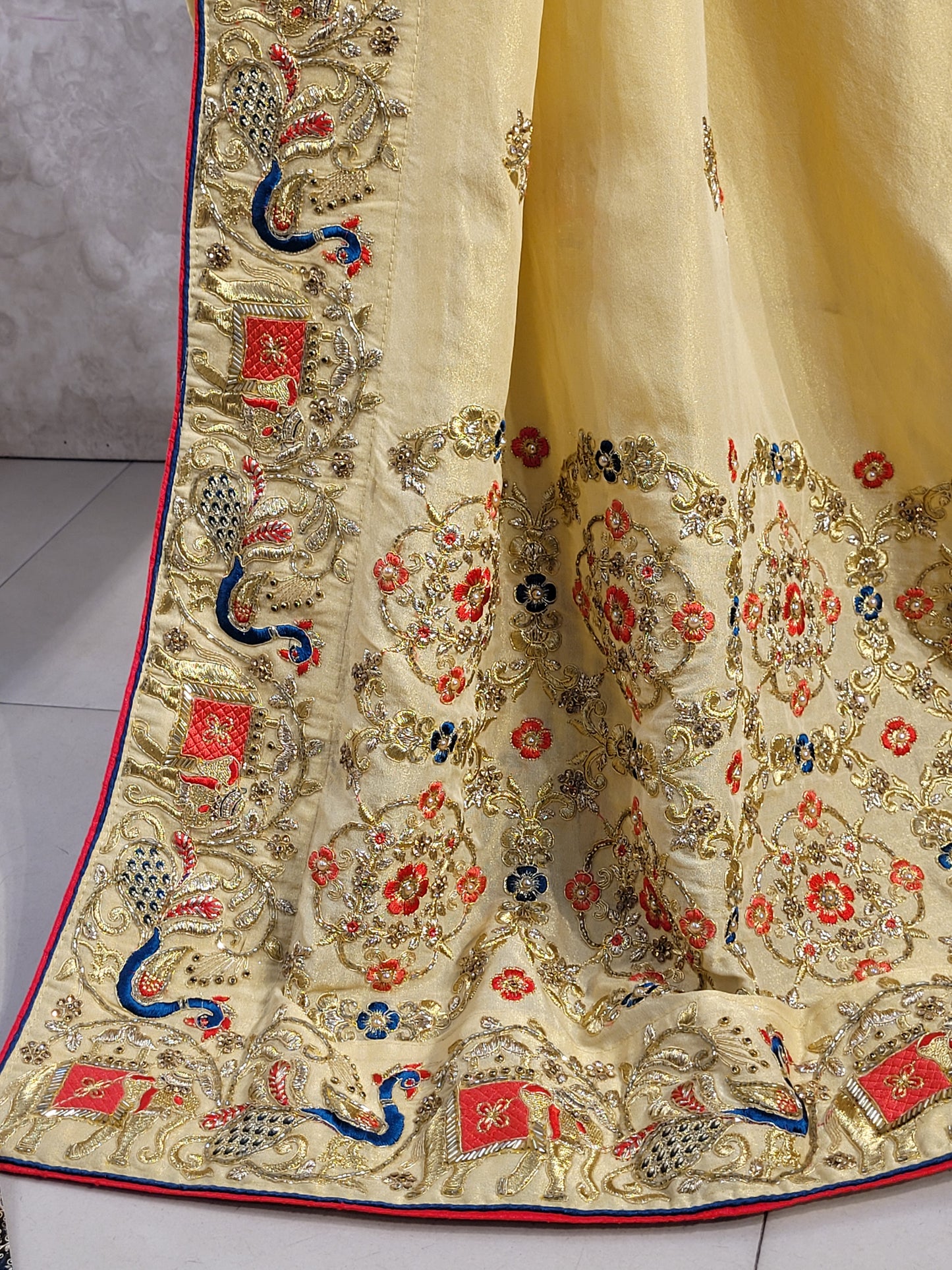 Light Golden Tissue Saree with beautiful embroidery