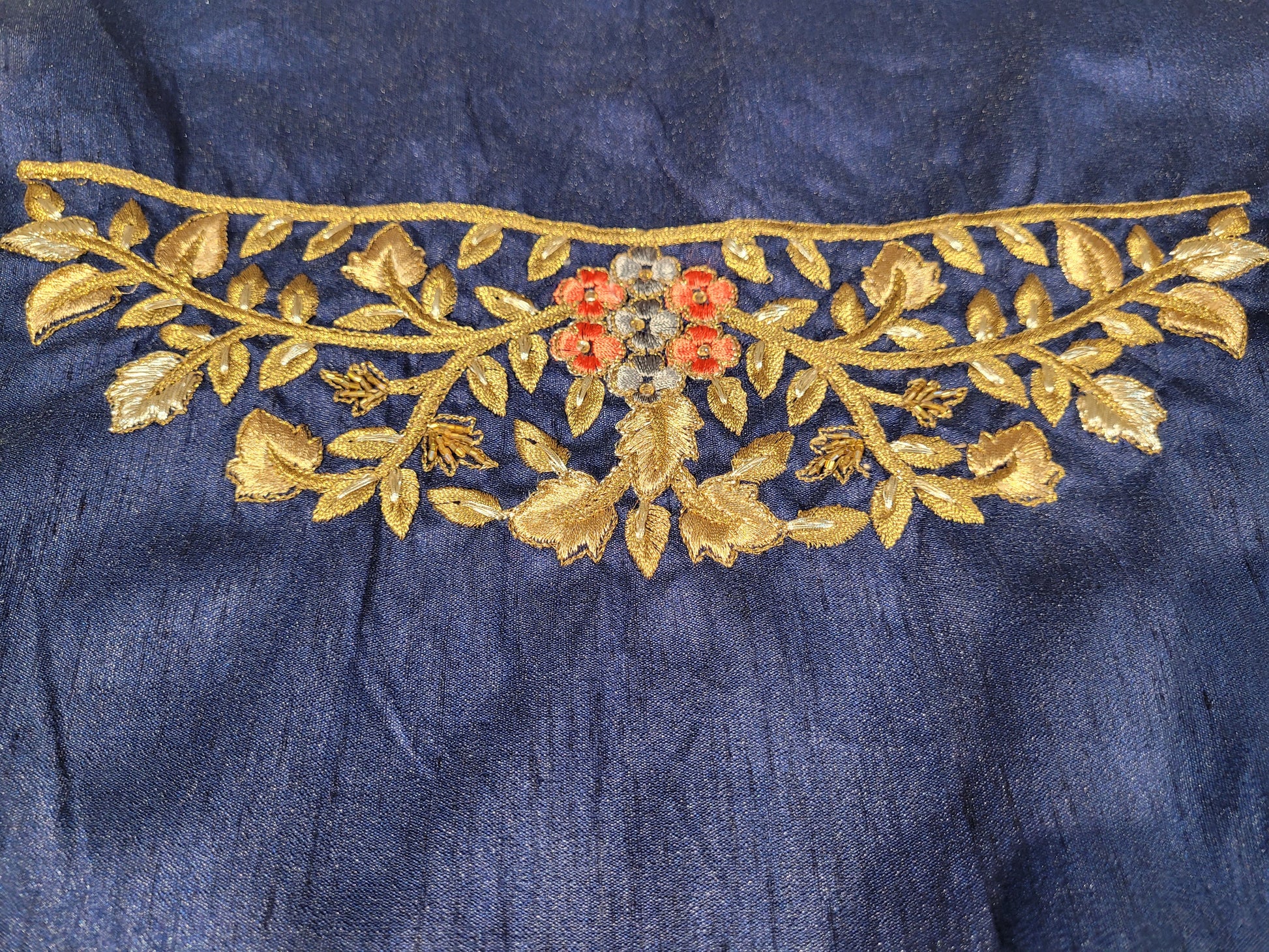Grey Crepe Saree with Blue Border. Handwork using Zari and Moti. Heavy unstitched Blouse Piece.