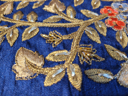 Grey Crepe Saree with Blue Border. Handwork using Zari and Moti. Heavy unstitched Blouse Piece.