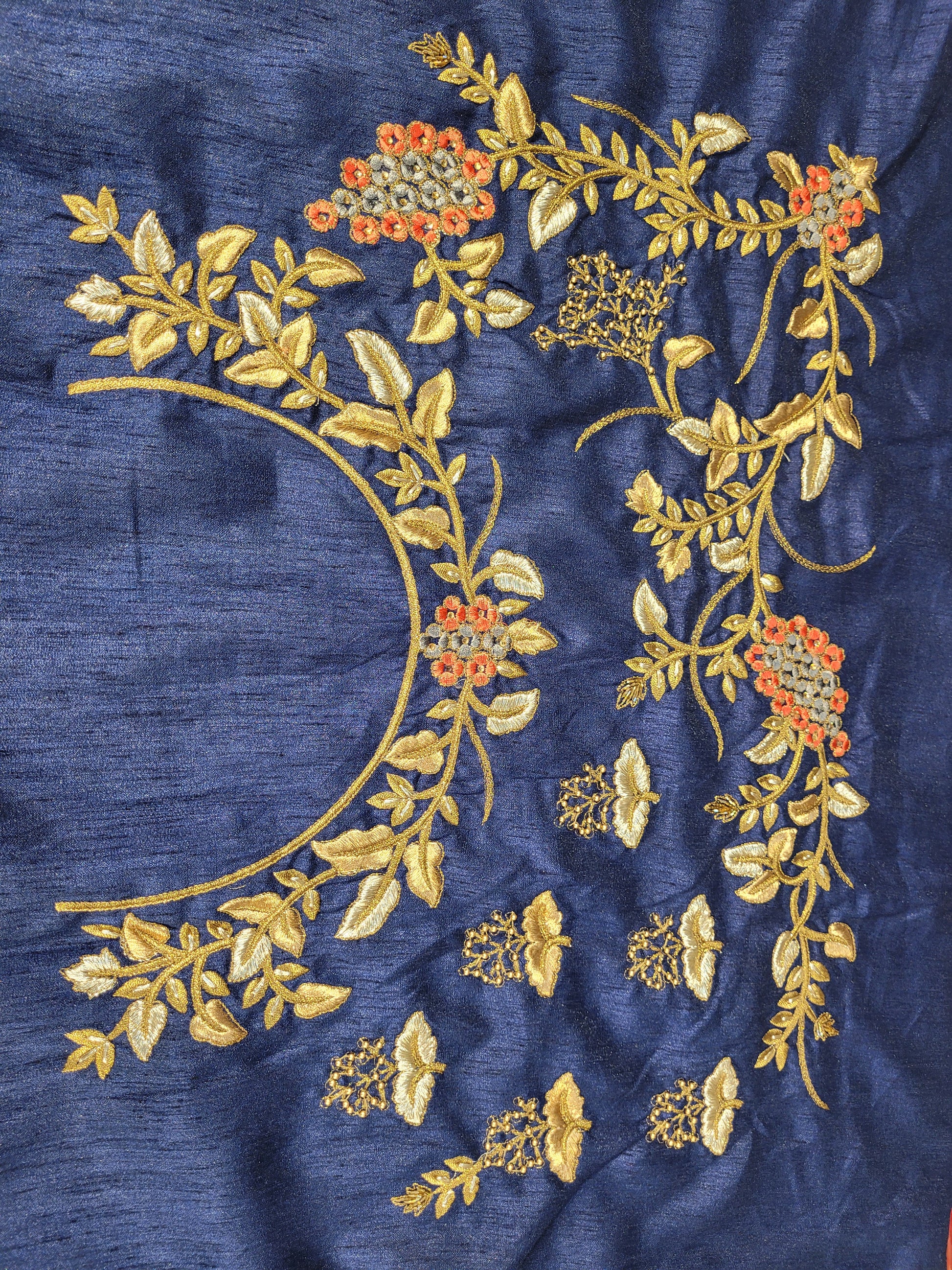 Grey Crepe Saree with Blue Border. Handwork using Zari and Moti. Heavy unstitched Blouse Piece.