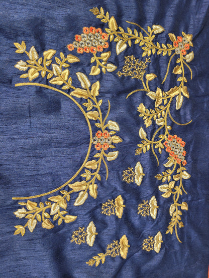 Grey Crepe Saree with Blue Border. Handwork using Zari and Moti. Heavy unstitched Blouse Piece.