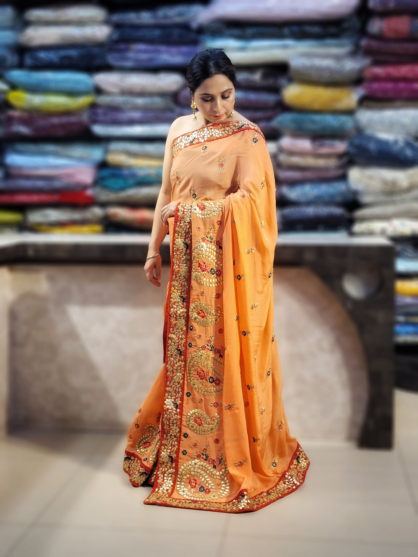 Peach Shaded Crepe Saree with Gota Patti Work