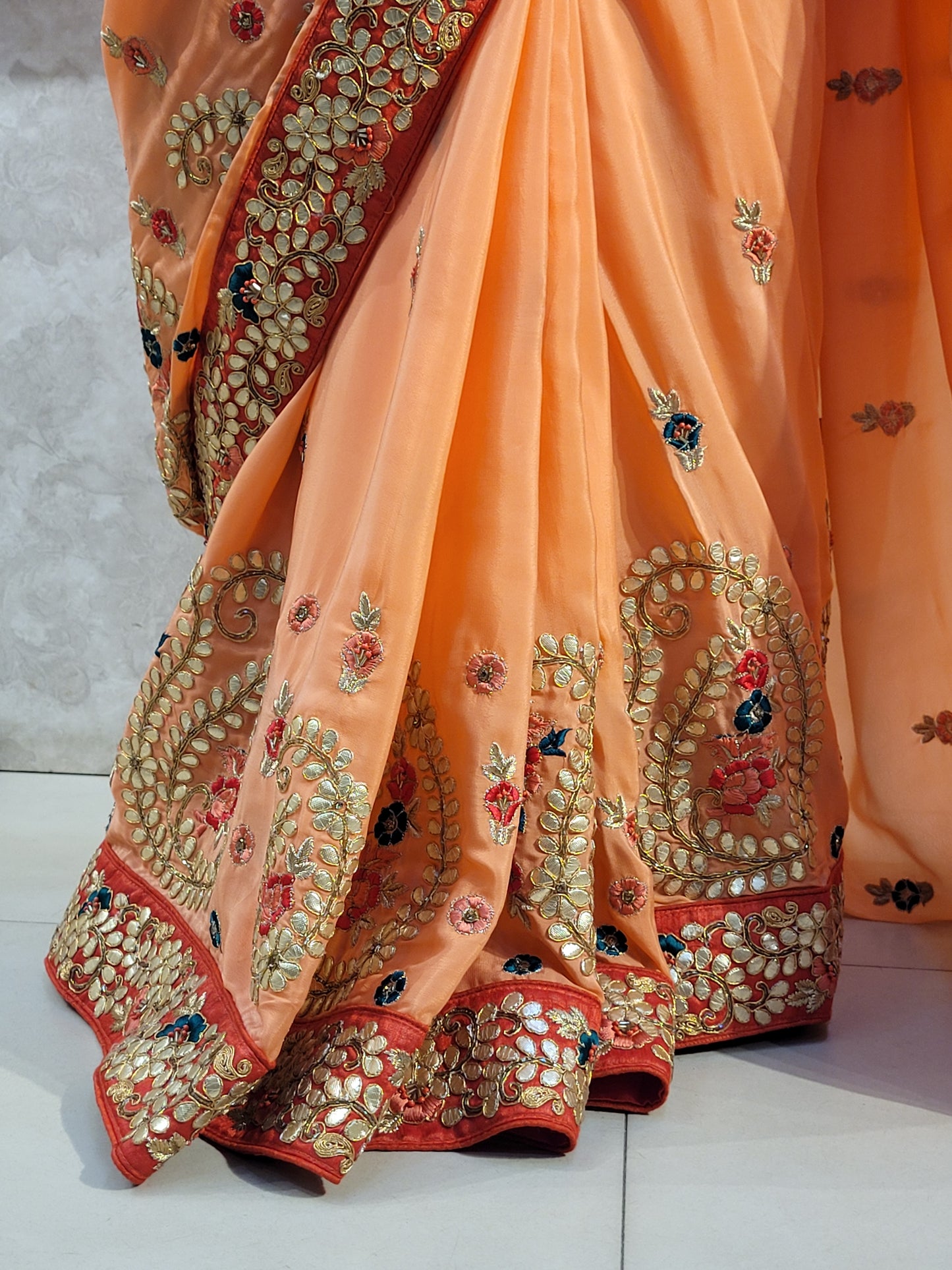 Peach Shaded Crepe Saree with Gota Patti Work