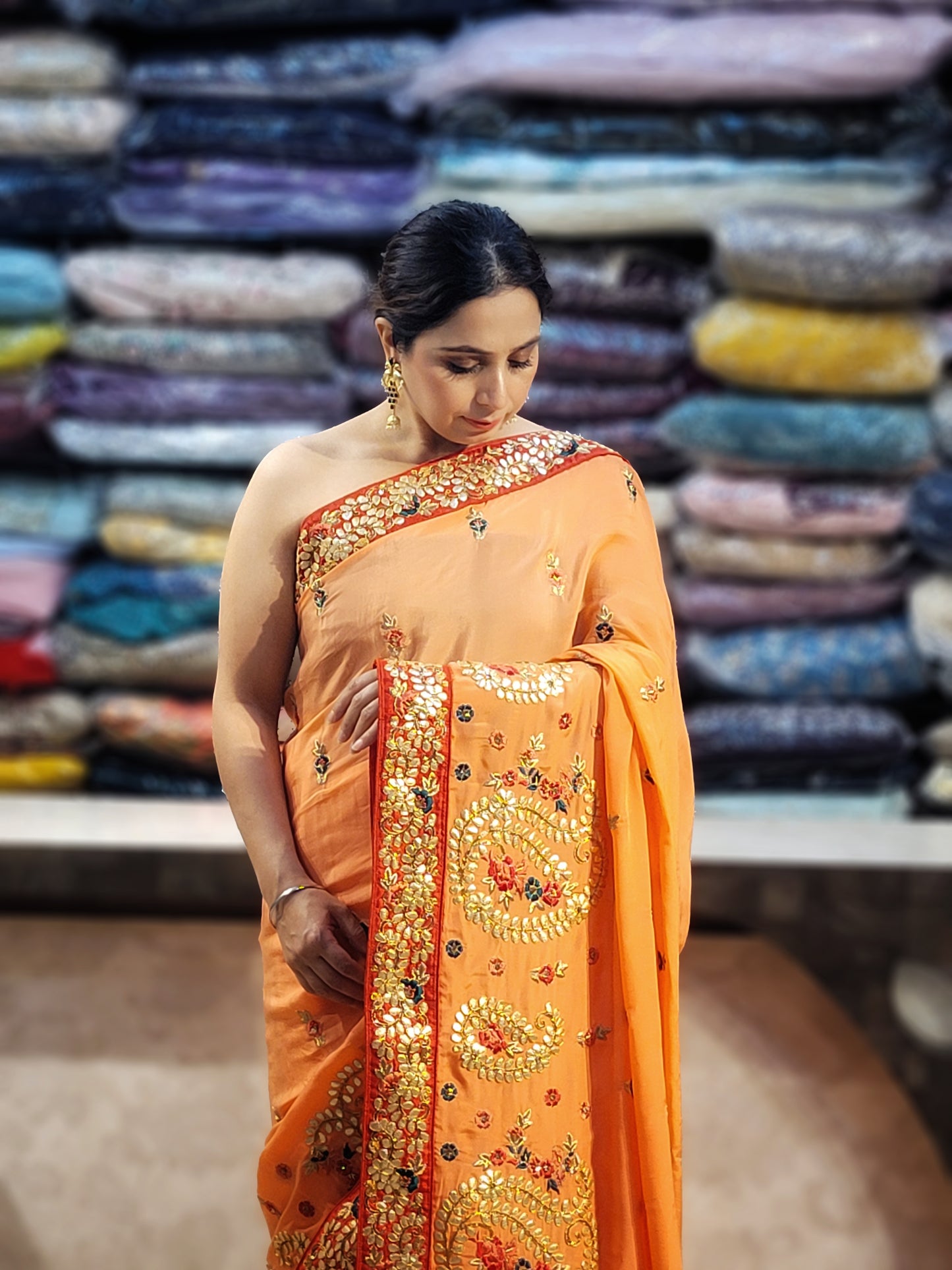 Peach Shaded Crepe Saree with Gota Patti Work