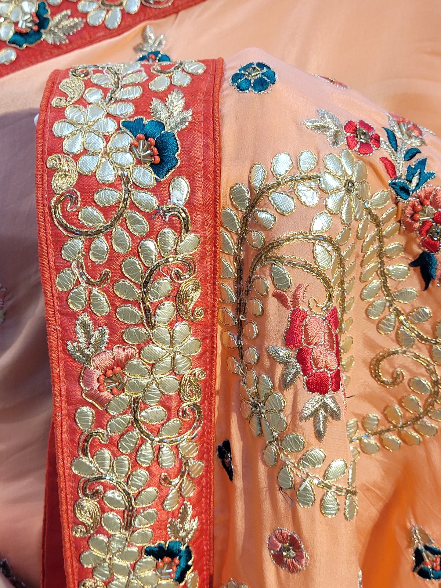 Peach Shaded Crepe Saree with Gota Patti Work