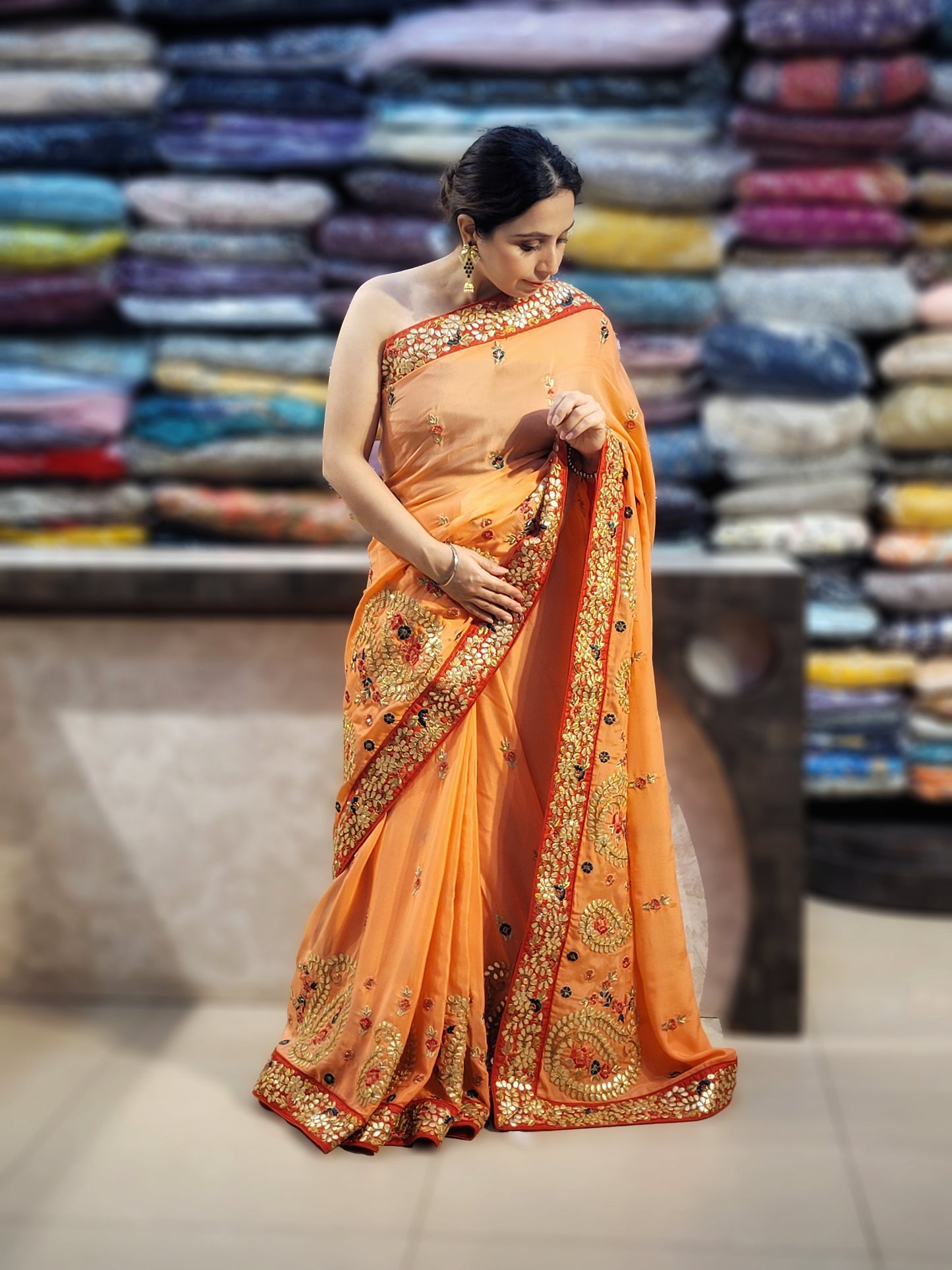 Peach Shaded Crepe Saree with Gota Patti Work
