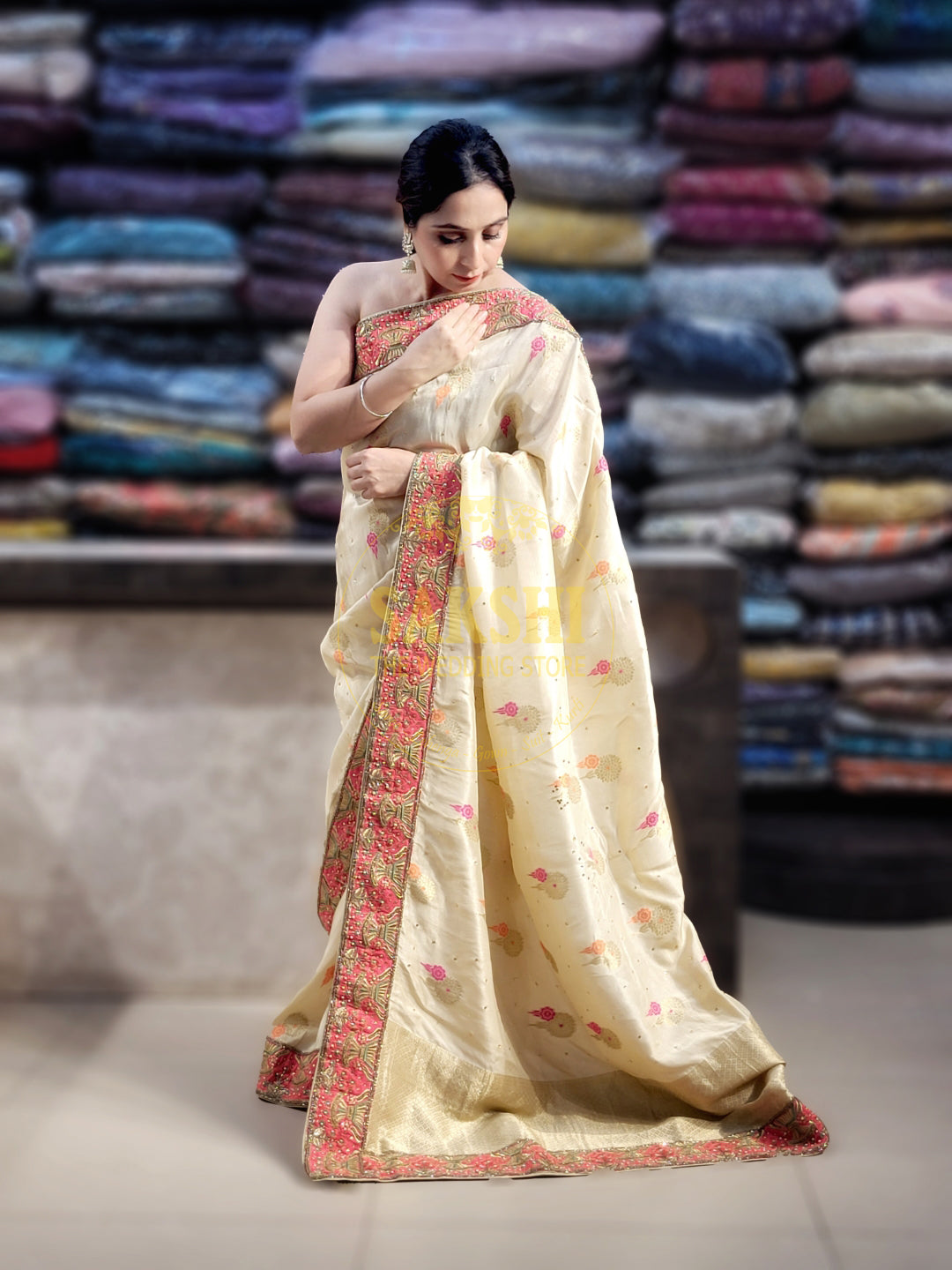 Off White Creme Dola Banarsi Saree with Heavy Border