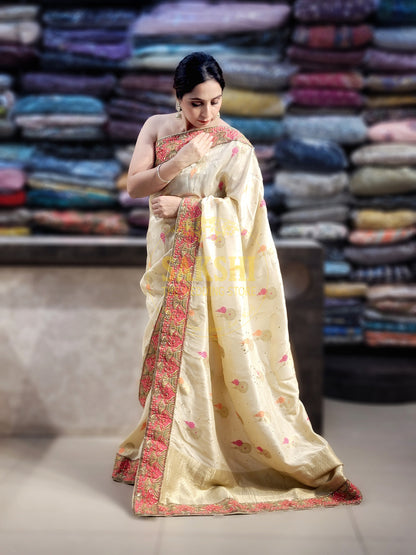 Off White Creme Dola Banarsi Saree with Heavy Border
