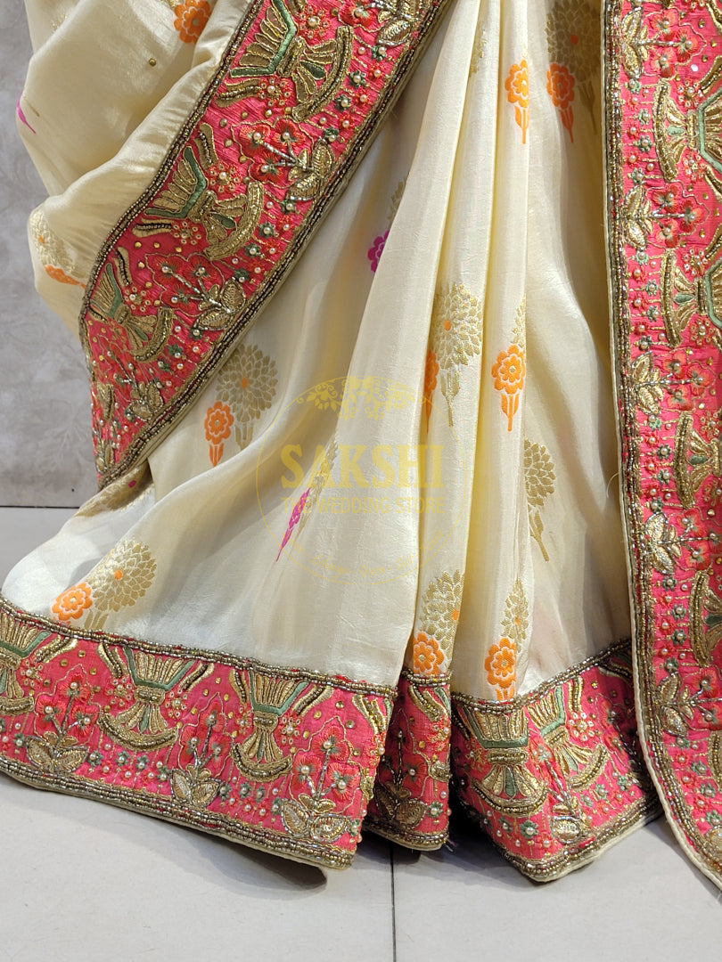 Off White Creme Dola Banarsi Saree with Heavy Border