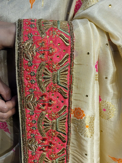 Off White Creme Dola Banarsi Saree with Heavy Border
