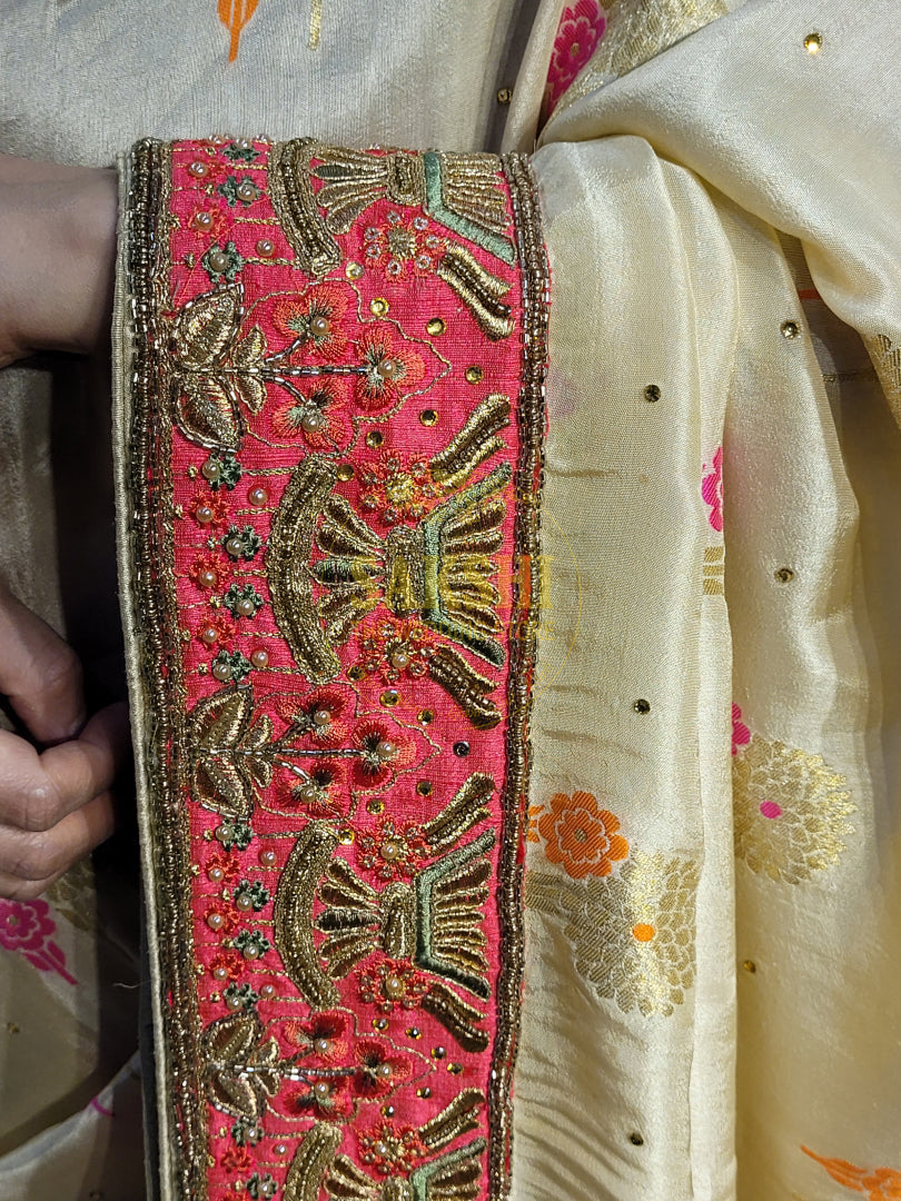 Off White Creme Dola Banarsi Saree with Heavy Border