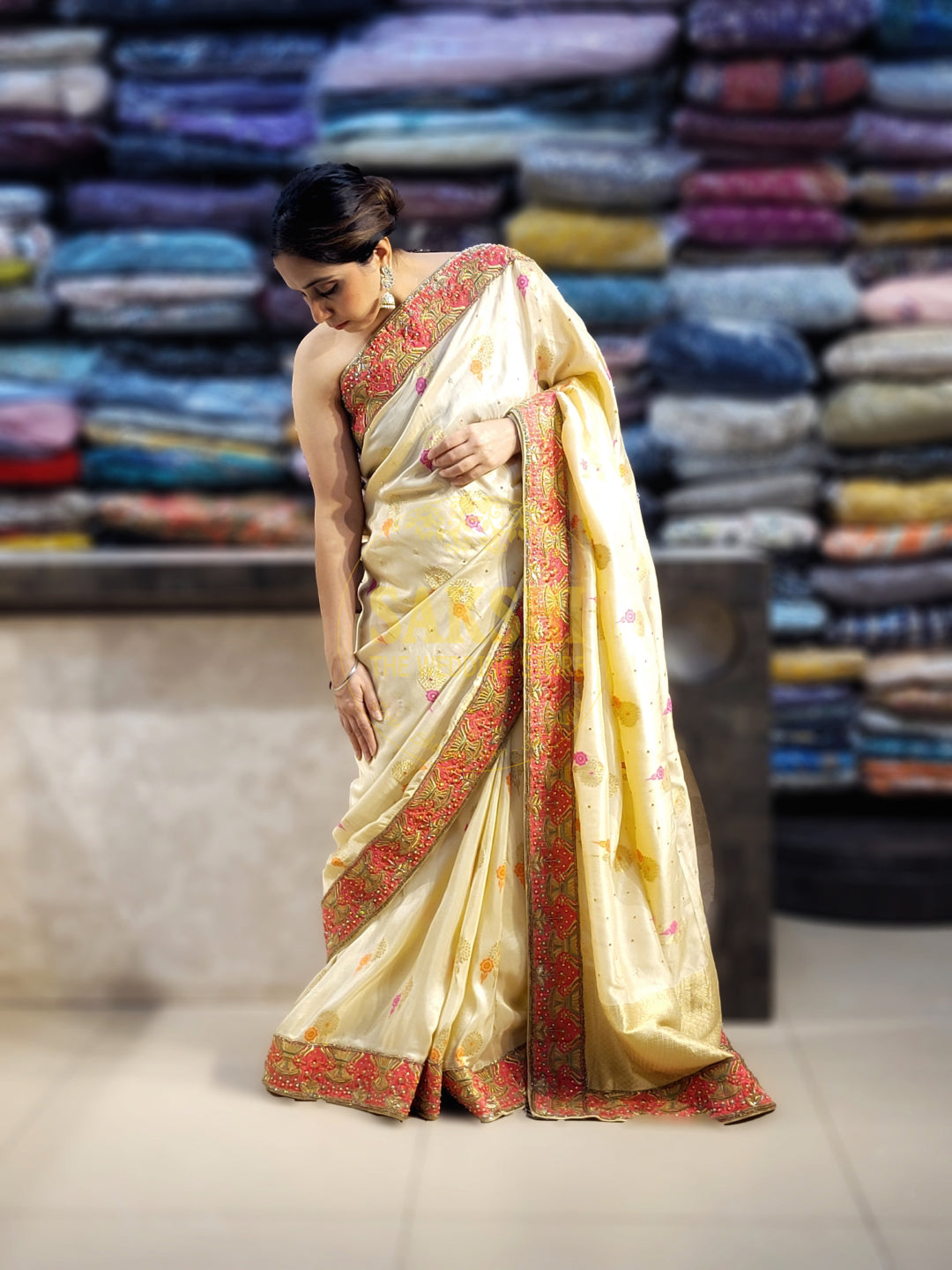 Off White Creme Dola Banarsi Saree with Heavy Border