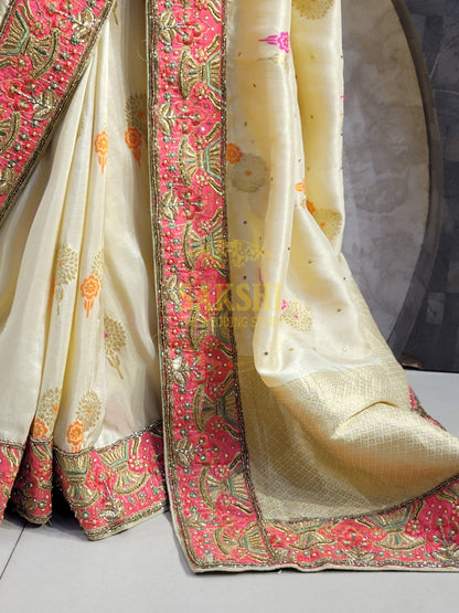 Off White Creme Dola Banarsi Saree with Heavy Border