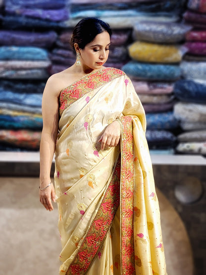 Off White Creme Dola Banarsi Saree with Heavy Border