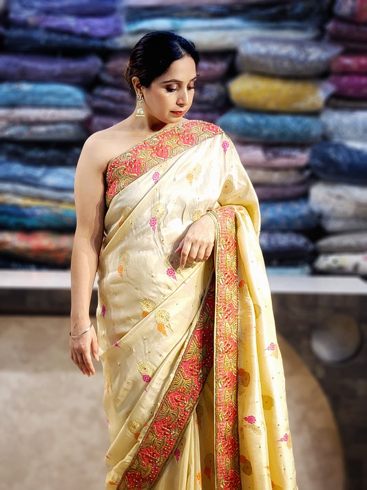 Off White Creme Dola Banarsi Saree with Heavy Border