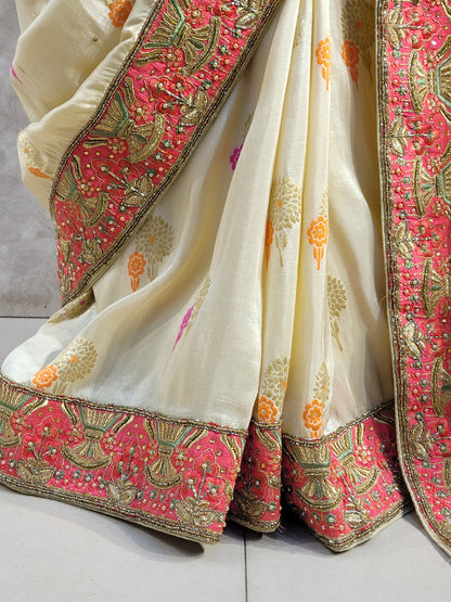 Off White Creme Dola Banarsi Saree with Heavy Border