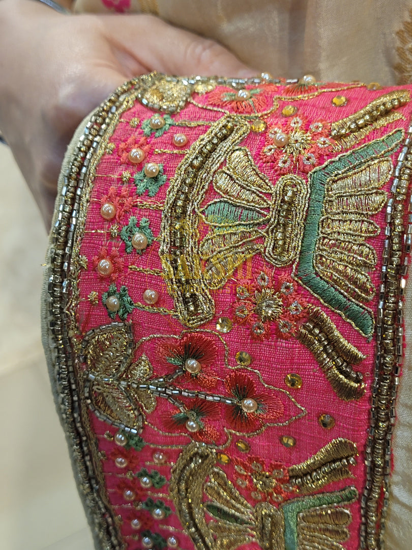 Off White Creme Dola Banarsi Saree with Heavy Border