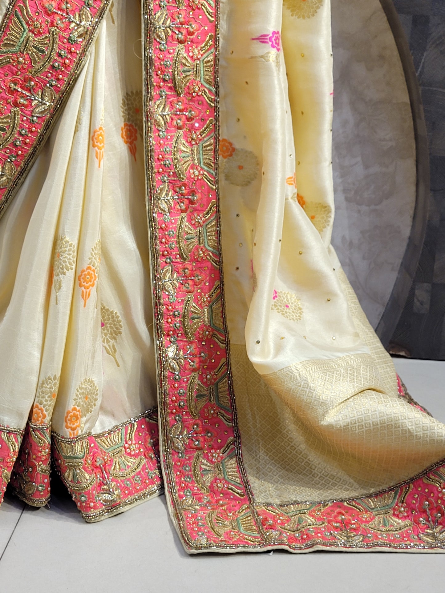 Off White Creme Dola Banarsi Saree with Heavy Border
