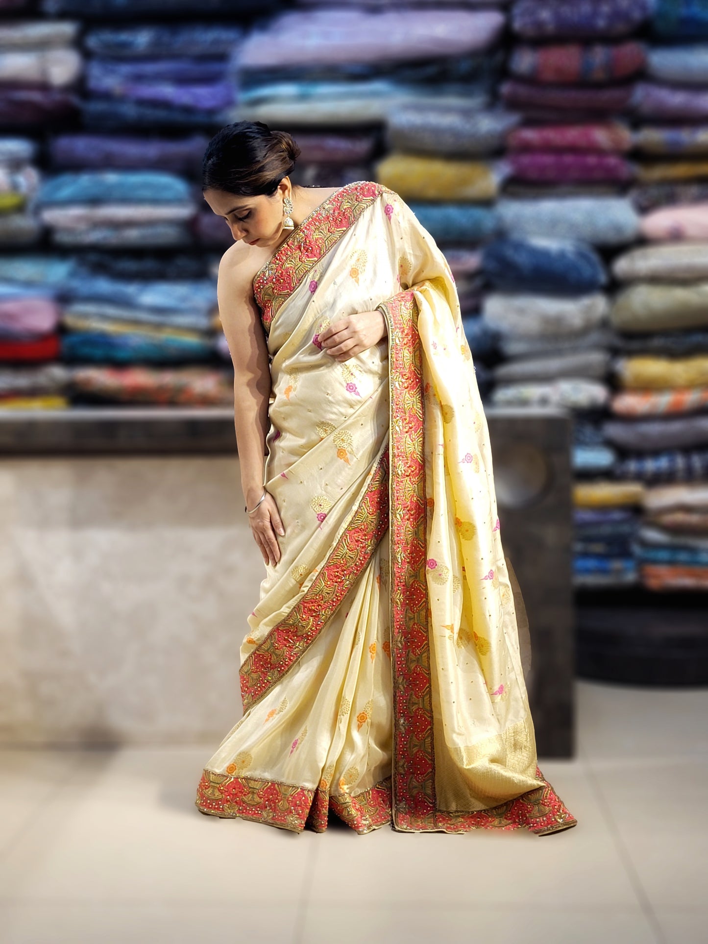 Off White Creme Dola Banarsi Saree with Heavy Border
