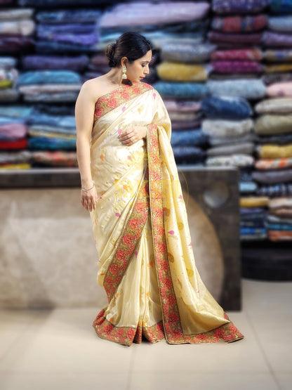 Off White Creme Dola Banarsi Saree with Heavy Border