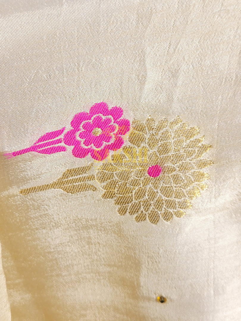 Off White Creme Dola Banarsi Saree with Heavy Border