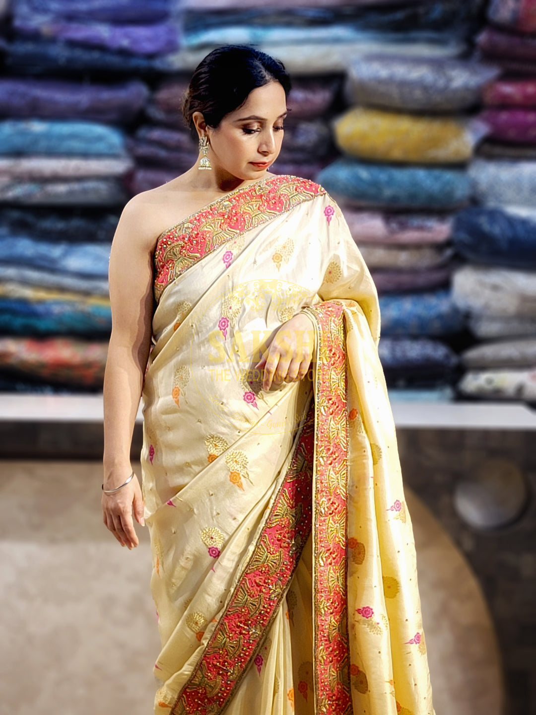 Off White Creme Dola Banarsi Saree with Heavy Border