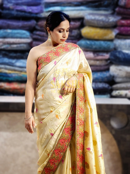 Off White Creme Dola Banarsi Saree with Heavy Border